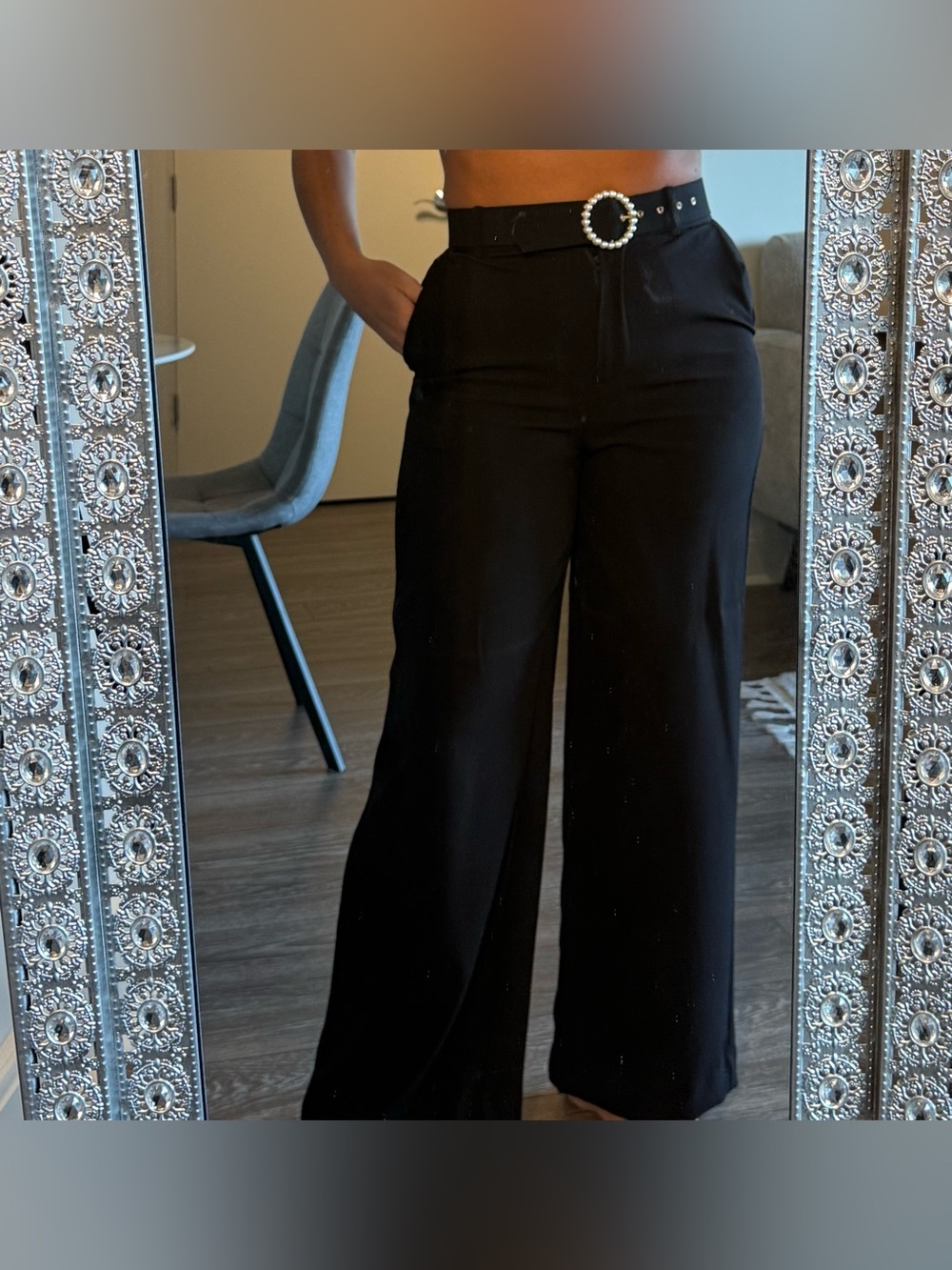 Zara Black Wide-Leg Trousers with Pearl-Embellished Belt